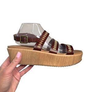 Skechers Brown Leather Wedge Sandals 10 Coastal Resort Preppy Y2K Soft Girl